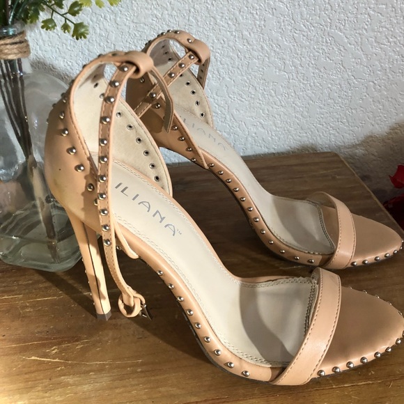 Shoes - Studded nude open toe strap heels